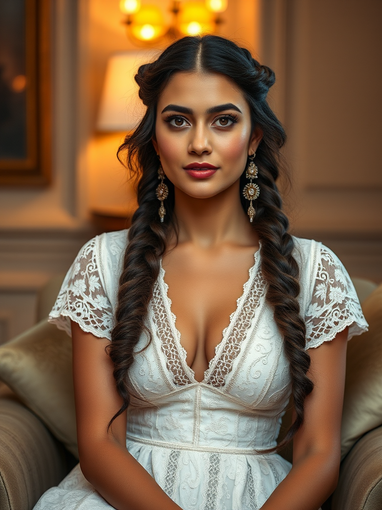 Create a portrait of a refined and elegant Afghan woman seated in a sophisticated setting. She has long, wavy hair styled in two thick braids that are pulled over her shoulders. She wears a white, lace gown with intricate patterns, featuring a deep V-neckline and short sleeves. The dress exudes a vintage charm with its delicate lacework. She is adorned with ornate, dangling earrings that add a touch of glamour to her appearance. The background is softly lit, with warm, ambient lighting that creates a cozy and inviting atmosphere. Her expression is poised and serene, capturing a sense of grace and elegance.
