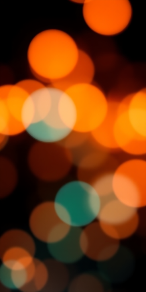 Create a high-resolution abstract image featuring vibrant bokeh circles in shades of orange and teal against a dark background, shot with a DSLR camera at 50mm focal length, f/1.8 aperture, ISO 100, and a shallow depth of field for enhanced focus.