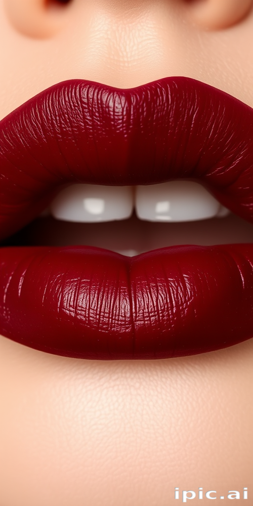 Matte burgundy lips in a classic bow shape, exuding elegance and sophistication, with crisp, well-defined edges and a velvety texture that catches the light beautifully