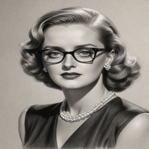 Ravishing Bette Davis, pencil sketch, portrait of Elegant woman 1939s in glasses, hair style beatnik, outline, clear lines, fine lines, 8k