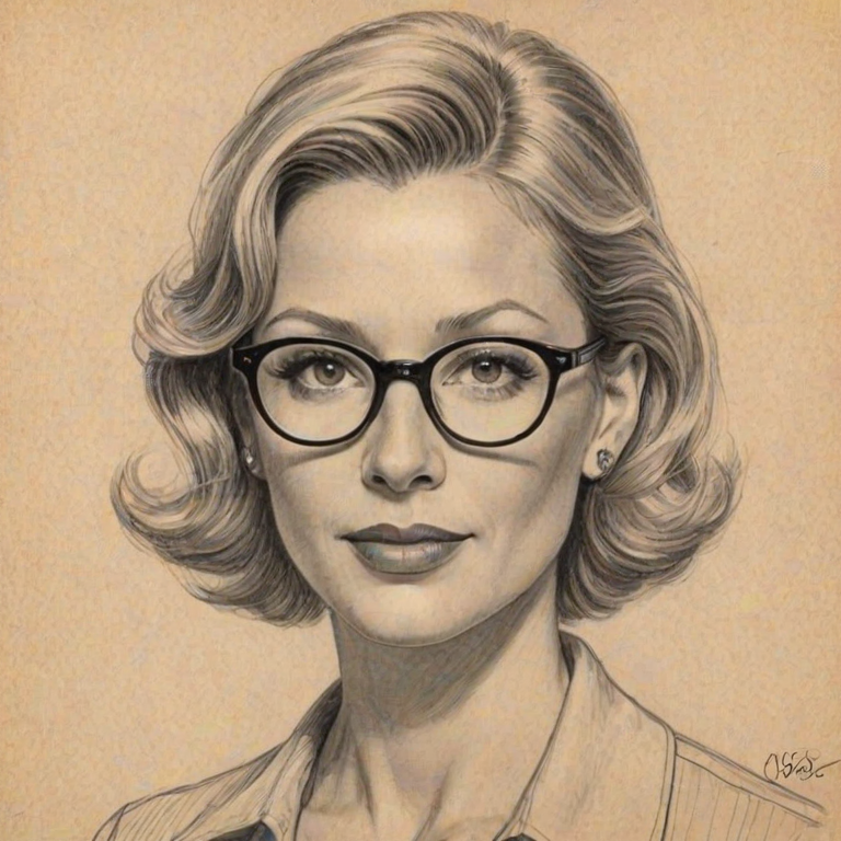 Wonderful Meredith Monroe, pencil sketch, portrait of Fascinating woman 1946s in glasses, hair style beatnik, outline, clear lines, fine lines, 8k
