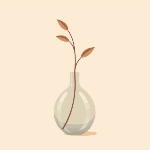 Create an illustration of a minimalist vase with a single surreal stylized plant, using soft muted colors, with a light beige background, shot with a 50mm lens at f/2.8 for shallow depth of field, using a digital illustration style.