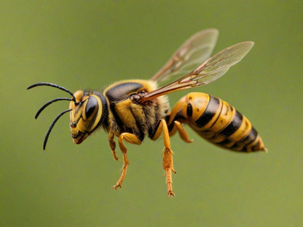generate an image of a close-up of a hornet in flight with vibrant yellow and black stripes against a blurred green background