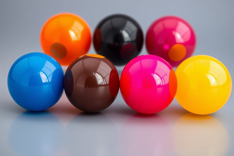 Generate a high-resolution image of six glossy spheres arranged in two rows, colors from left to right: blue, black, orange, pink, red, yellow, using a macro lens at f/2.8, focus on the reflections and highlights, shot with a DSLR camera in a well-lit environment.