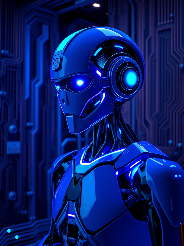 futuristic humanoid robot in a digital circuit environment, illuminated in blue tones, high-resolution, 50mm lens, f/1.8 aperture, ISO 100, HDR photography, wide-angle view, studio lighting