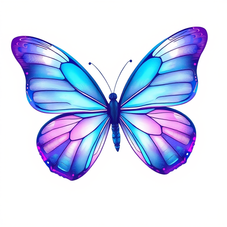 Generate an illustration of a butterfly with vibrant colors. The wings should have a gradient of blue and purple with hints of pink and white. The design should be intricate, showcasing delicate patterns and textures on the wings. The butterfly should appear elegant and ethereal, set against a simple background to emphasize its beauty.