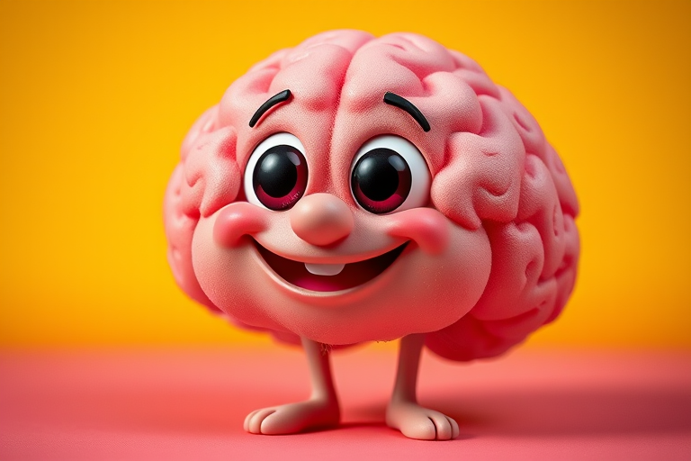Create a playful cartoon character representing a brain, with a cheerful expression, big eyes, and a pink, fluffy texture, using a vibrant background, shot with a Canon EOS 5D Mark IV, 50mm lens, f/1.8 aperture, 1/200 sec shutter speed, in a well-lit studio setting, focusing on enhancing the colors and details of the character.