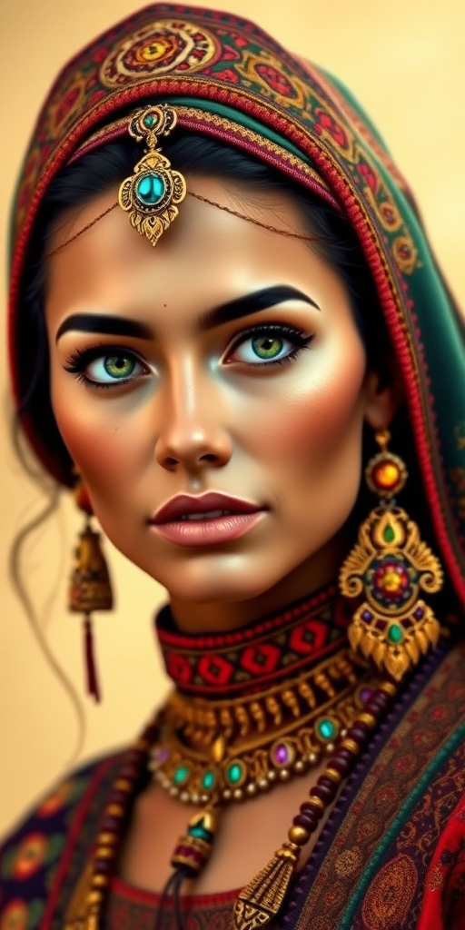 Create a portrait of a beautiful Aztec woman with striking green eyes and a gentle expression. She is adorned in traditional attire with intricate patterns, including a richly embroidered headscarf and matching garments. Her jewelry includes a delicate headpiece, dangling earrings, and ornate bracelets, all featuring vibrant gemstones and detailed metalwork. The background is soft and warm, enhancing the rich colors of her outfit and jewelry.