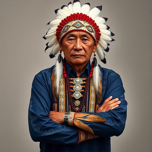 Create a dignified portrait of a Native American man dressed in traditional attire. He wears a beautifully crafted headdress adorned with white feathers and red beads, along with a beaded headband featuring intricate patterns. His clothing includes a deep blue, patterned shirt and a traditional chest piece with detailed beadwork. His arms are crossed, displaying leather armbands decorated with feathers. The background is simple and neutral, emphasizing his proud and stoic expression. The overall image captures the rich cultural heritage and strength of his persona.