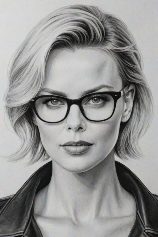 Enticing Charlize Theron, pencil sketch, portrait of Exquisite woman 1951s in glasses, hair style beatnik, outline, clear lines, fine lines, 8k