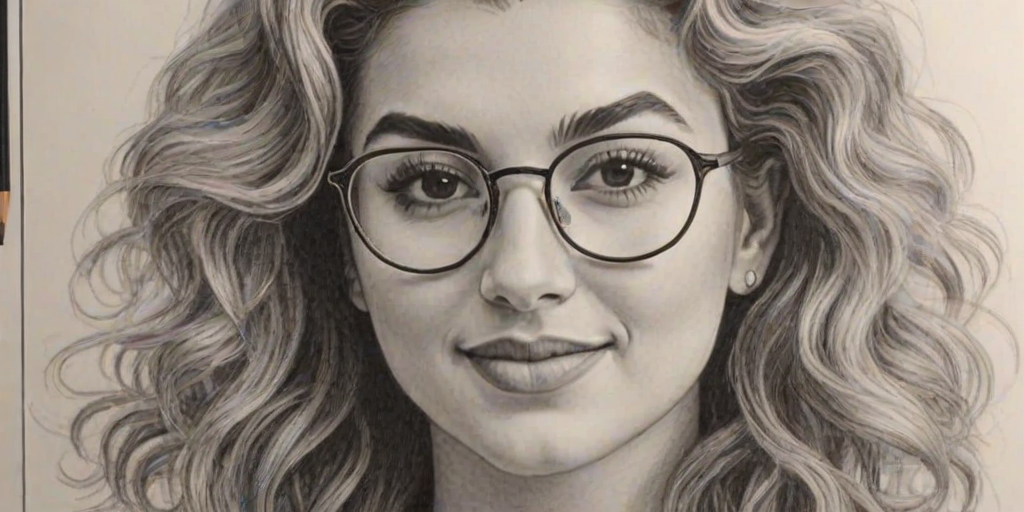 Attractive Tori Kelly, pencil sketch, portrait of Resplendent woman 1954s in glasses, hair style beatnik, outline, clear lines, fine lines, 8k