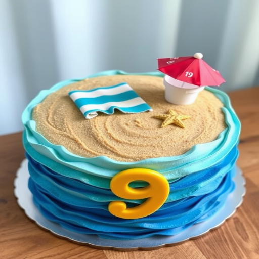 Create an image of a beach-themed cake with layers of blue frosting resembling ocean waves a sandy beach on top decorated with a small umbrella beach towel and a bucket add a starfish decoration and a number nine on the cake