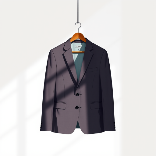 Create a high-resolution illustration of a suit jacket hanging on a hanger, with a clean and minimalist background, shot in soft natural light, using a Canon EOS R5 at f/2.8, ISO 100, and a 35mm lens from a straight-on angle to enhance color vibrancy and detail.
