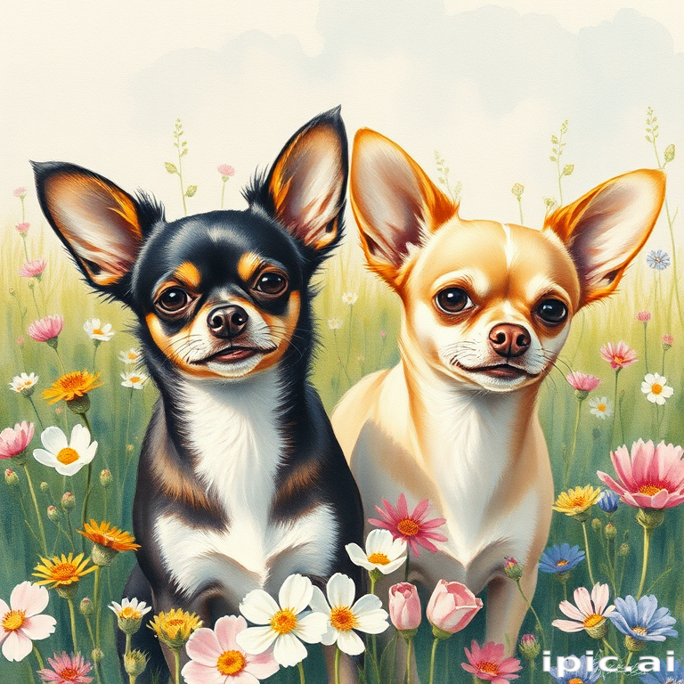 A renaissance two chihuahuas in a field of spring flowers watercolour.
