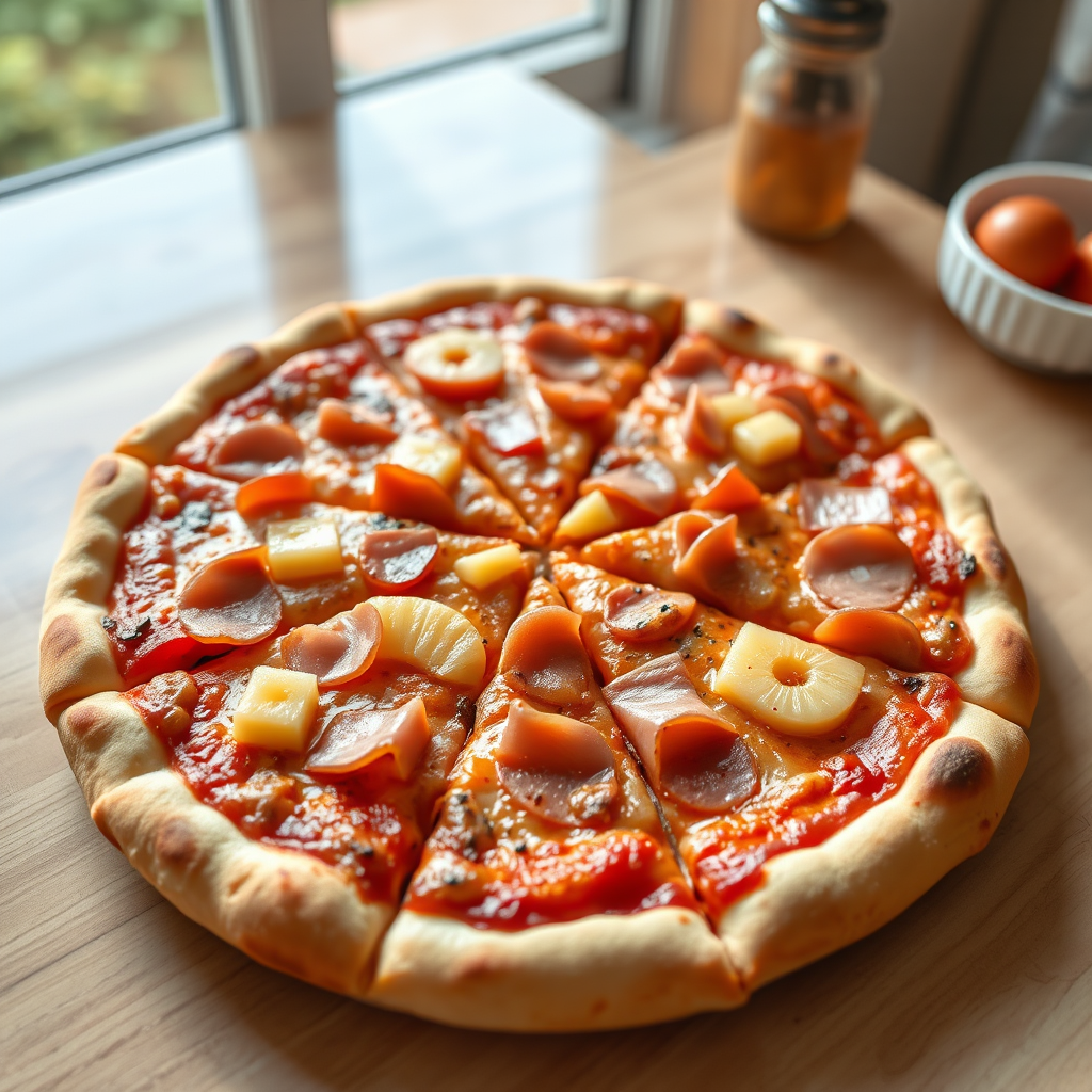 create a digital illustration of a pizza with slices removed, showing toppings like ham and pineapple, using a DSLR camera type, wide-angle lens at f/8 for depth of field, high-resolution setting for sharpness, and a bright, natural light environment to enhance colors and textures