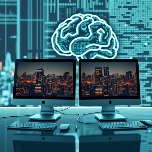 Create a futuristic digital workspace featuring two modern computers with city skyline reflections on their screens, a stylized brain made of code in the background, shot with a DSLR camera at f/1.8, ISO 100, 50mm lens, with a shallow depth of field and a balanced exposure to enhance clarity and detail.