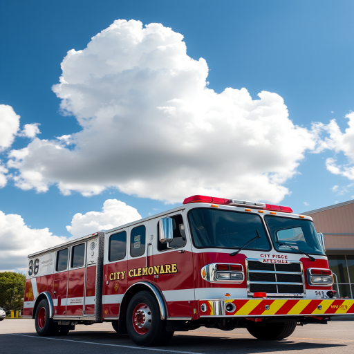 A fire truck from the City of Clermont, heavy rescue apparatus, parked in a lot under a bright blue sky with fluffy white clouds, shot with a Canon EOS R5 at 24mm, f/4, ISO 100, using natural light to enhance colors and details.