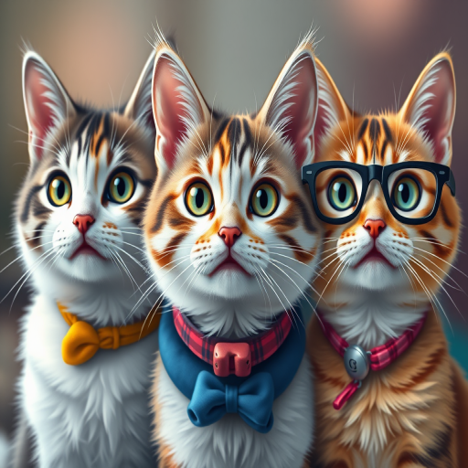 Create a vibrant digital illustration of three cats with distinct fur patterns and colors, emphasizing their expressive eyes and unique accessories, using a Canon EOS R5 with a 50mm lens at f/1.8, shooting from a close-up view with a soft focus background to enhance depth and clarity.