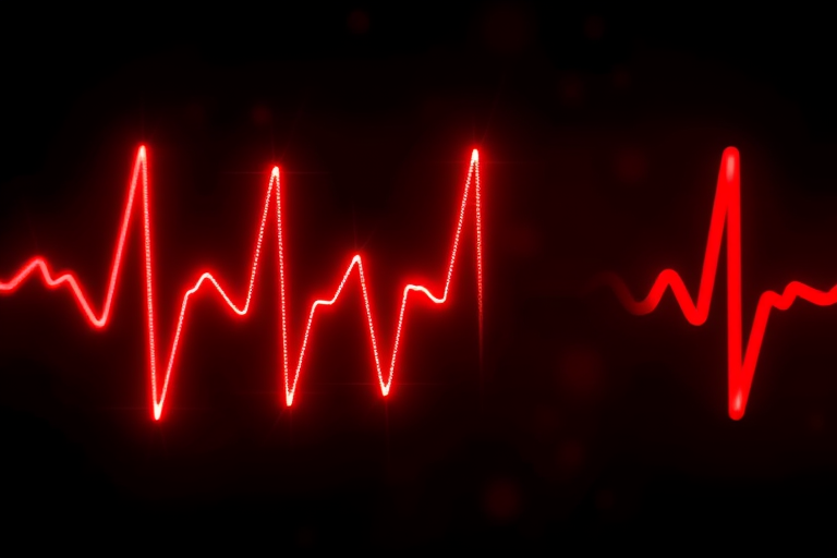 Create an abstract representation of a heartbeat waveform in vibrant red with glowing effects against a dark background, using a macro lens with a shallow depth of field at f/2.8, ISO 100, shutter speed 1/200s, and a high-resolution digital camera.
