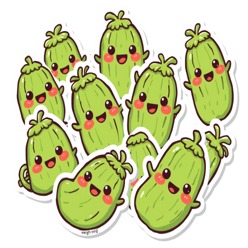 design a bunch of kawaii pickle stickers, 2d digital art, white background, sticker line weight