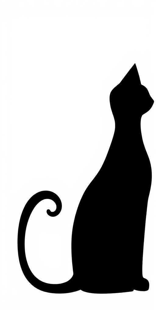 Create a simple black silhouette of a cat sitting, facing to the right, with a curvy tail and pointed ears.