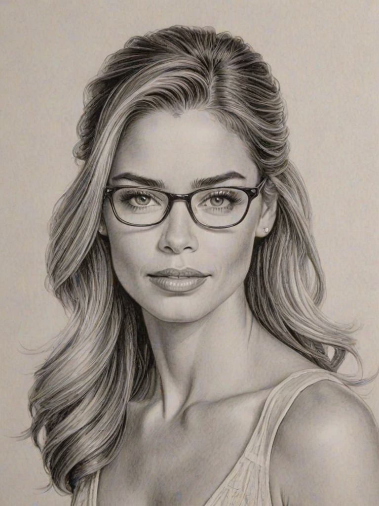 Gorgeous Denise Richards, pencil sketch, portrait of Splendid woman 1937s in glasses, hair style beatnik, outline, clear lines, fine lines, 8k
