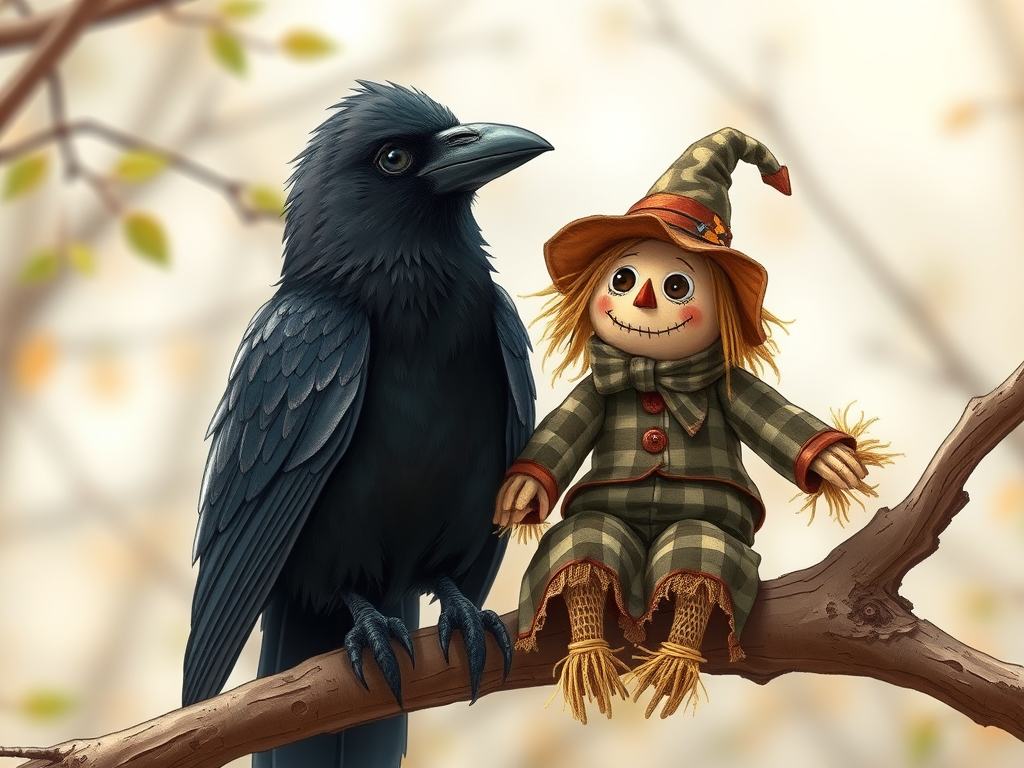 Create a detailed illustration of a crow and a scarecrow sitting on a branch in a whimsical style, captured with a DSLR camera at 50mm focal length, aperture f/2.8, ISO 100, natural lighting, and a shallow depth of field to enhance the focus on the characters while softly blurring the background.