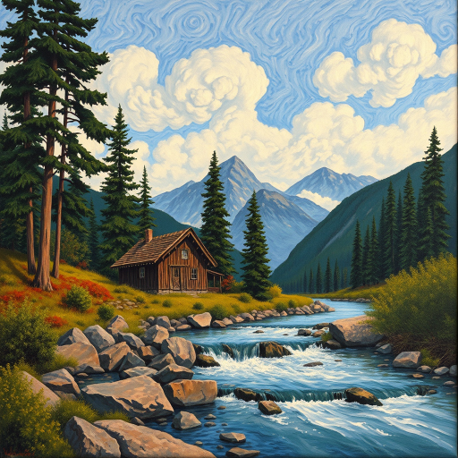 This Van Gogh-inspired painting depicts a peaceful scene of a small cabin located near a flowing river. The scene is surrounded by lush vegetation, including tall trees and rocky terrain. In the background, majestic mountains rise under a sky filled with rolling clouds. The river gently cascades over the rocks, adding a sense of movement and tranquility to the scene. The use of vibrant colors and detailed brushstrokes create a sense of depth and harmony in the natural setting.