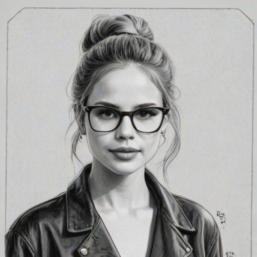 Graceful Halston Sage, pencil sketch, portrait of Wonderful woman 1954s in glasses, hair style beatnik, outline, clear lines, fine lines, 8k