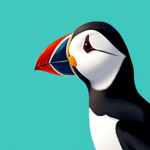 Create a vibrant digital illustration of a puffin's profile against a smooth teal background, using high-resolution settings with a 50mm lens at f/8 aperture, soft focus, and ambient lighting for a polished look, in a vector art style.