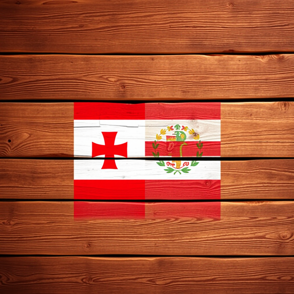 Create a vibrant and high-resolution image of a wooden background featuring the Georgian flag, captured with a DSLR camera, using a focal length of 50mm, aperture set at f/8, and ISO 100, in a flat lay view to enhance the texture of the wood grain and the bold colors of the flag.