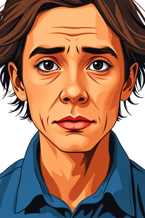 Create a vector-style illustration of a person with an orange-brown face, wearing a blue shirt with a white collar, soft focus, 50mm lens, f/2.8 aperture, natural light, high resolution.