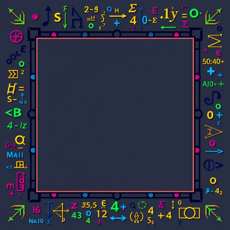 Create an image of a blank rectangular frame with a decorative border filled with colorful mathematical symbols and equations, captured using a DSLR camera with a 50mm f/1.8 lens, ISO 100, aperture f/2.8, and a focal length of 50mm, with a shallow depth of field to enhance the vibrancy of the border while keeping the center focused and clear.