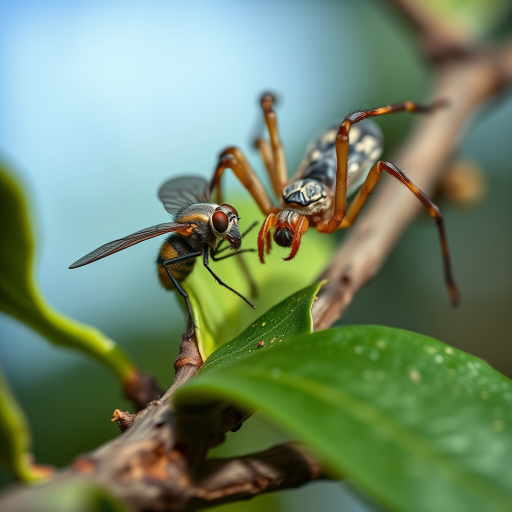 Spectacular photography, 300dpi, digital noise free, extremely clear, ultra-realistic, inside focus, best angle view, with intricate details of a small and tiny fly, standing on a branch of a tree, partially covered with green leaves. A large and majestic spider, jumping over the fly, right in front of the fly with its body arched and the sting completely out of its abdomen pointing at the fly's body and prepared in an attacking and aggressive position, stares at it and watches stealthily. Both within focus . Proportion of size. Light of day. National Geographic style