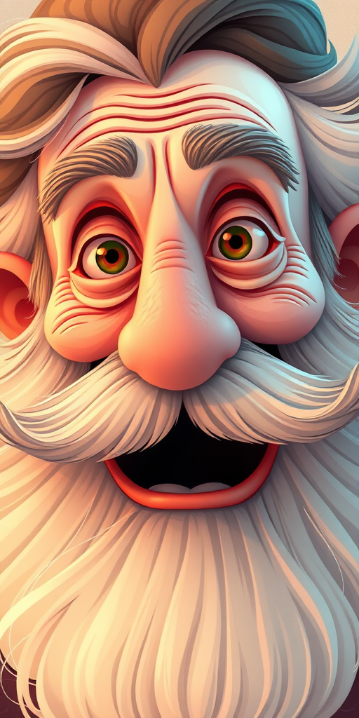Create a detailed digital illustration of a whimsical old man with a large beard and expressive eyes, using a 50mm lens on a DSLR camera with f/2.8 aperture, ISO 100, and a shallow depth of field to enhance the facial features, in a bright and cheerful color palette, with soft lighting to add warmth and depth.