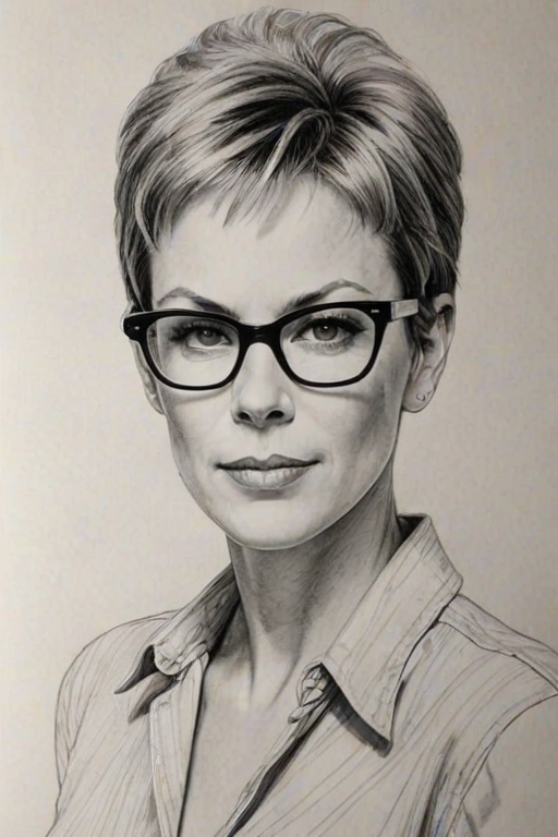 Resplendent Jaime Lee Curtis, pencil sketch, portrait of Pleasing woman 1954s in glasses, hair style beatnik, outline, clear lines, fine lines, 8k