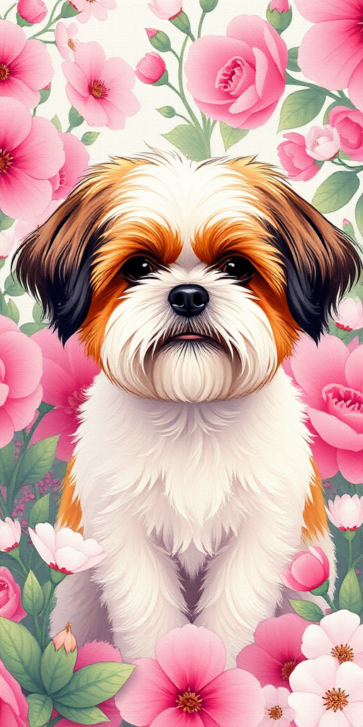 Create a high-resolution, vibrant illustration of a Shih Tzu sitting amid a floral background with pink and white flowers, using a digital art style; simulate a close-up view with a soft-focus effect and a canvas texture to enhance depth and detail.
