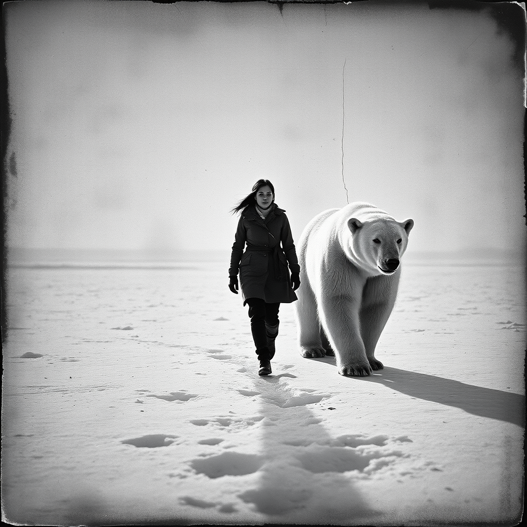 A very old photograph in black and white. The photo is badly damaged, faded, with scratches, tears, smudges and dirt. The photo is ultra-realistic and very detailed. It's a picture of an Arctic warrior. She is walking serenely towards the camera. At her side walks a majestic polar bear. Its fur shines in the sunlight. Snow, ice, sea. wind. snow in the air.