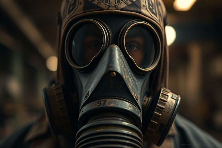 Create a high-resolution close-up image of a figure wearing a detailed, worn-out gas mask with intricate patterns and textures, set in a dimly lit, industrial environment, using a DSLR camera with a 50mm lens at f/1.8, ISO 100, and a shallow depth of field to enhance the mood while capturing subtle bokeh in the background.