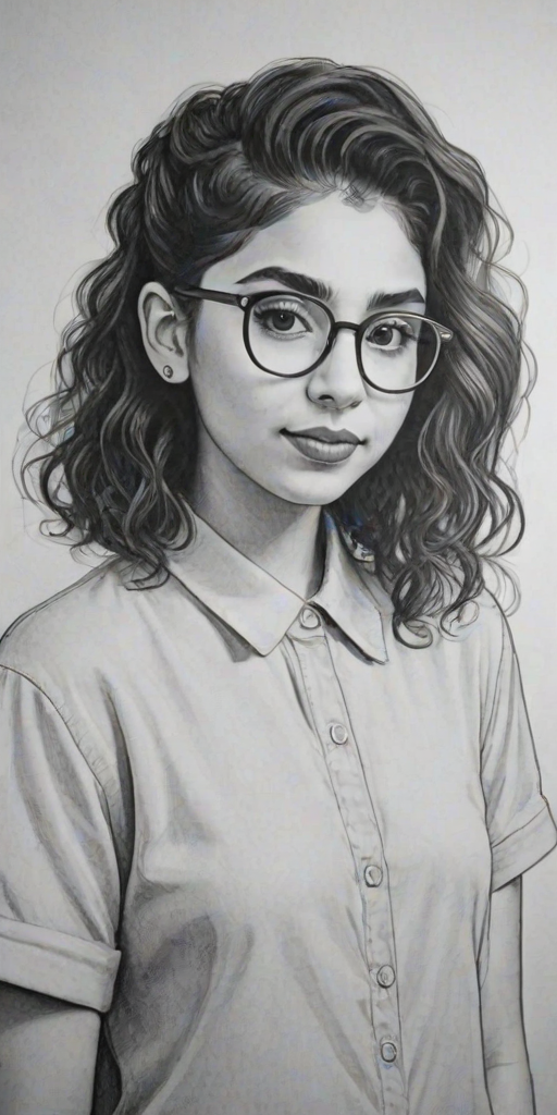 Lovely Alessia Cara, pencil sketch, portrait of Gorgeous woman 1929s in glasses, hair style beatnik, outline, clear lines, fine lines, 8k