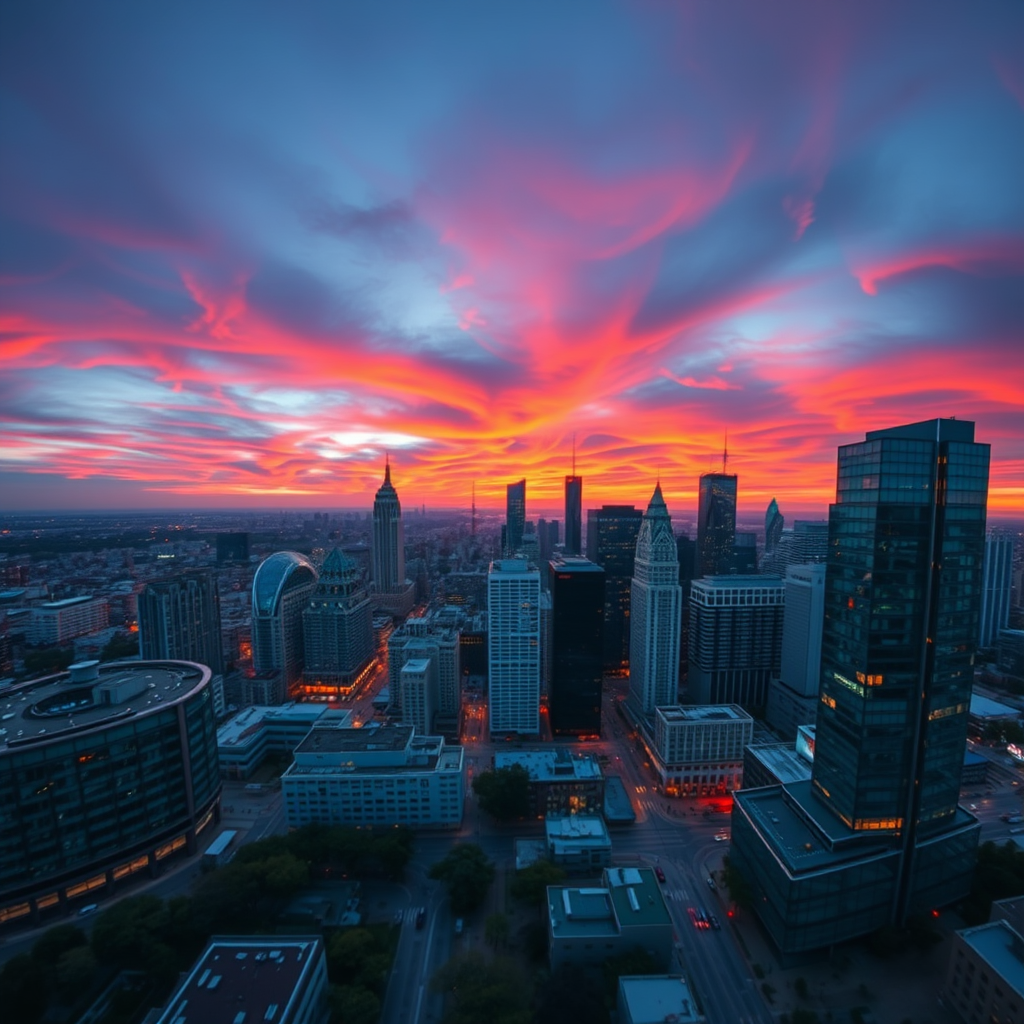 Generate an image of a modern city skyline at sunset with vibrant colors, DSLR camera settings: aperture f/8, shutter speed 1/125s, ISO 200, 24mm lens, panoramic view, high dynamic range imaging, shot in landscape orientation.