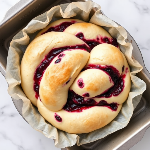 Create an image of a twisted bread loaf filled with berry jam in a baking pan lined with parchment paper. The bread should have a soft texture with visible swirls of purple jam throughout. The background should be a light marble surface to emphasize the bread.
