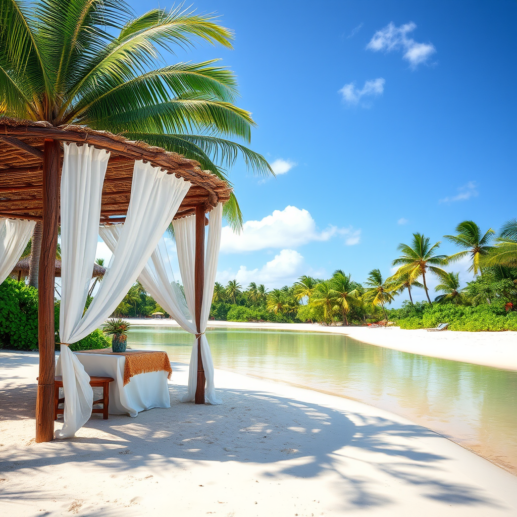 Create a picturesque tropical beach scene featuring a serene, white sandy shore. In the foreground, there's a rustic wooden canopy with white drapes gently flowing in the breeze. Underneath the canopy, a table is set with tropical decor, evoking a sense of relaxation and leisure. The beach extends into a calm, shallow water area with reflections of the sky and surroundings. Palm trees and lush greenery line the edge of the beach, providing a natural, tropical backdrop. The sky is clear with a few scattered clouds, and the overall atmosphere is tranquil and inviting, perfect for a peaceful retreat.