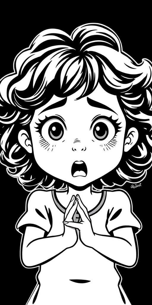 The image is a black and white illustration of a young girl with curly hair. She has a surprised expression on her face with her mouth open and her hands clasped together in front of her chest. Her eyes are wide and her eyebrows are furrowed. Her hair is styled in loose curls that are cascading down her back. The overall mood of the image is one of shock or surprise.
