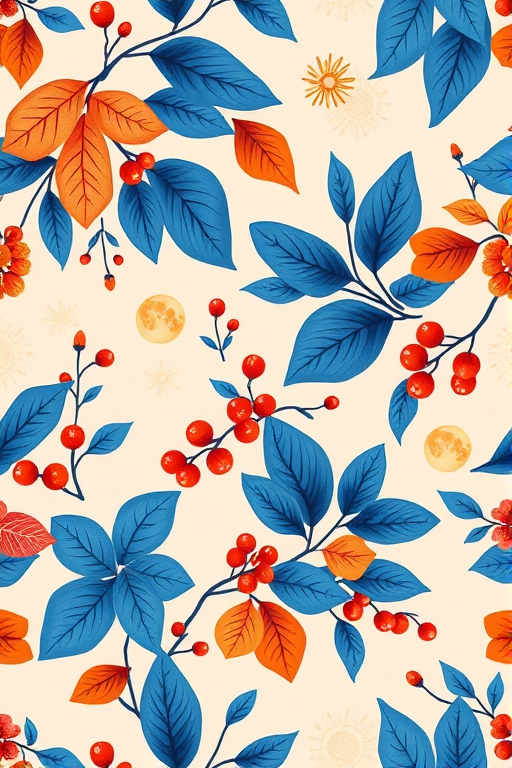 Create a high-resolution digital illustration of a seamless floral pattern featuring vibrant blue and orange leaves, berries, and moons against a soft pastel background, using a Canon EOS R5 with a 50mm f/1.8 lens at aperture f/4.0, ISO 100, and a top-down view to enhance color depth and detail.
