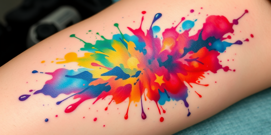 Watercolor splash tattoo named "Chromatic Explosion" showcasing a vibrant burst of colors blending and bleeding into each other resembling an abstract painting with no defined outlines