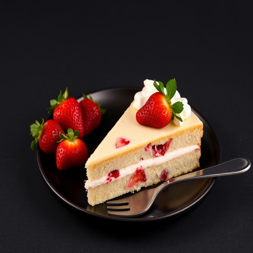 A slice of strawberry cake on a black plate topped with whipped cream and fresh strawberries next to it, with a silver fork on the side, showcasing a dark textured background.