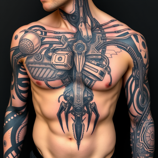 Futuristic biomechanical tattoo titled "Cybernetic Fusion" combining elements of human anatomy with mechanical components in a seamless and intricate design that appears to reveal the inner workings of a cyborg beneath the skin, utilizing a mix of realistic shading and geometric patterns to create a striking contrast between organic and artificial elements
