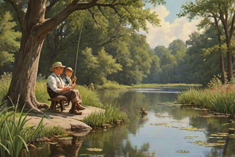 Imagine a small group of old fashioned young boys out fishing by the creek, a swing hanging from a tree branch, reeds and grasses by the water's edge, a frog sitting on a lily pad, dragonflies hovering over som water plans, a very iconic old fashioned scene reminiscent of a Norman Rockwell painting style