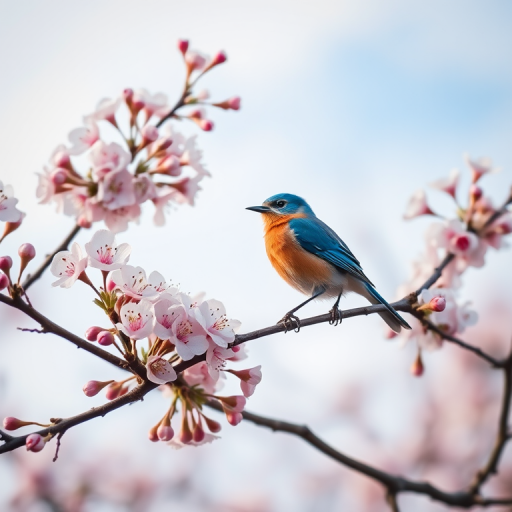 A blue bird perched on a branch of flowering cherry blossoms against a soft sky backdrop, captured with a Canon EOS R5, 50mm lens, f/1.8 aperture, ISO 100, natural light, shallow depth of field.